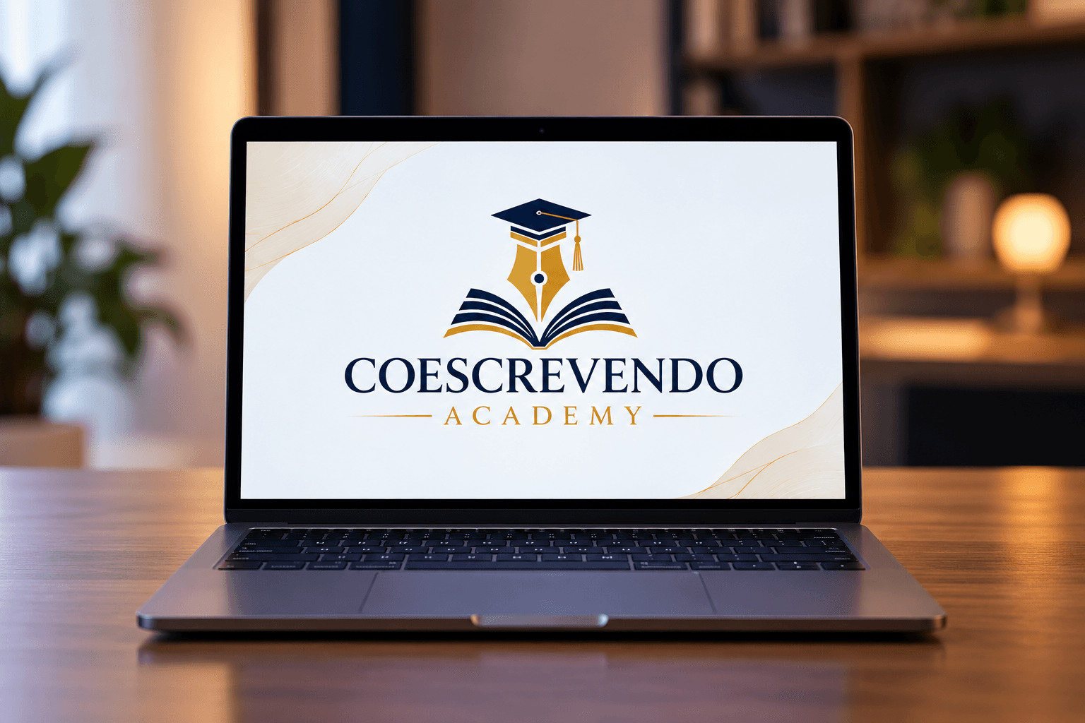 Laptop em mesa de madeira exibindo logotipo da Coescrevendo Academy com livro e caneta tinteiro.