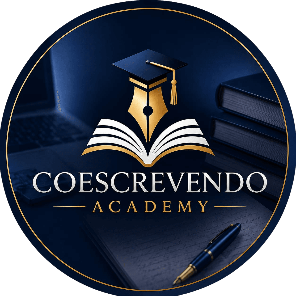 Logotipo da Coescrevendo Academy com capelo, pena e livro aberto dourados sobre fundo azul escuro.